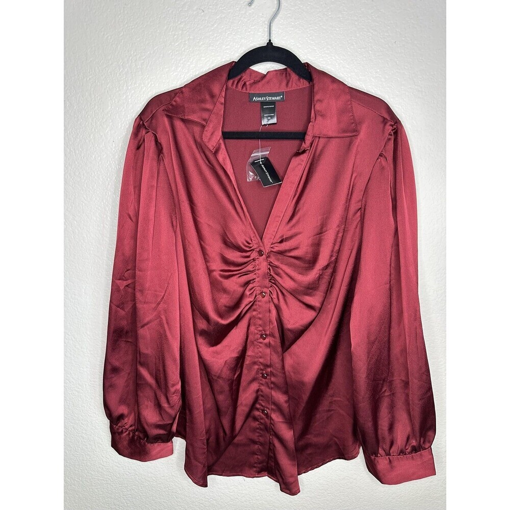 Ashley Stewart Blouse Womens 20 Red Satin Ruched Button Front Long Sleeve Top